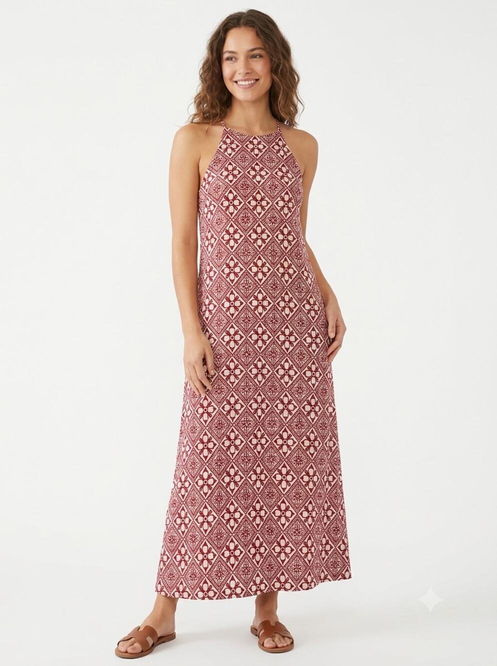 Boden Maxi Dress Womens 8R White Red Geometric Floral Tile Racer Neck Side Slit